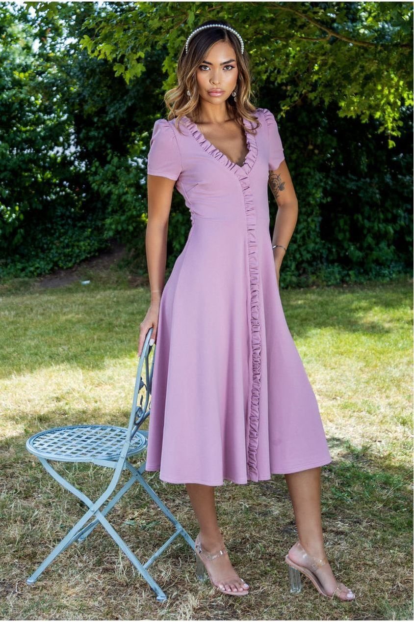 Goddiva Front Frill Flared Scuba Midi Dress – Rose Pink