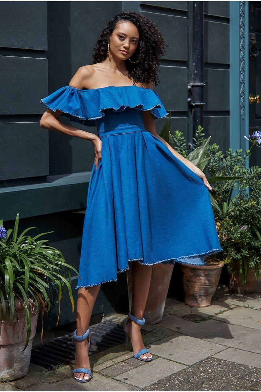 Goddiva Denim Frilled Bardot High Low Dress – Blue Denim