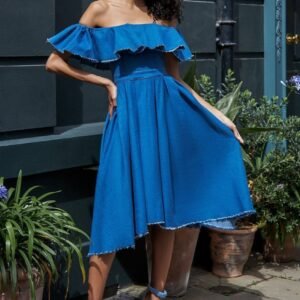 Goddiva Denim Frilled Bardot High Low Dress - Blue Denim
