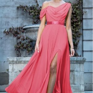 Goddiva Cowl Neck One Shoulder A Line Chiffon Maxi Dress - Coral