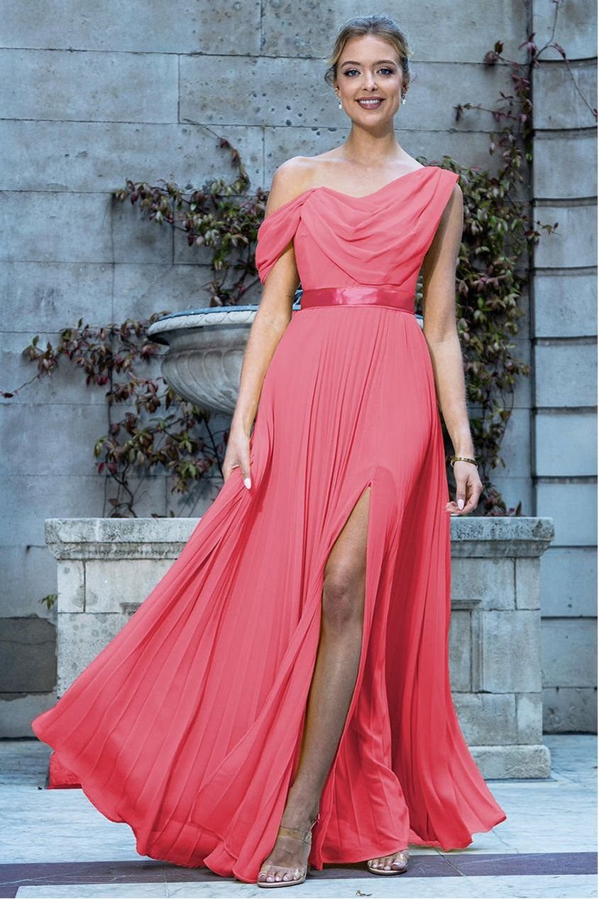 Goddiva Cowl Neck One Shoulder A Line Chiffon Maxi Dress – Coral
