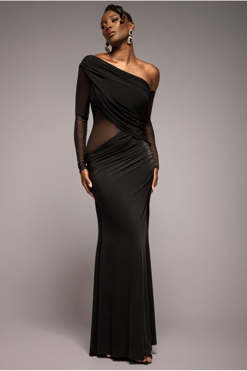 Goddiva Gathered Cowl Asymmetric Mesh And Soft Touch Maxi Dress – Black