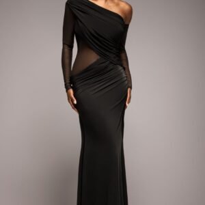 Goddiva Gathered Cowl Asymmetric Mesh And Soft Touch Maxi Dress - Black