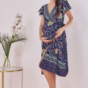 Goddiva Maternity Floral Print Midi Navy Print