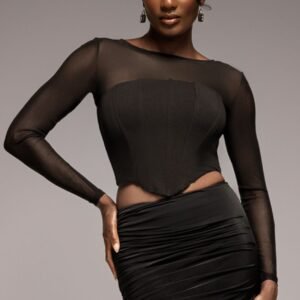 Goddiva Scuba Crepe And Mesh Lace Up Corset Top - Black