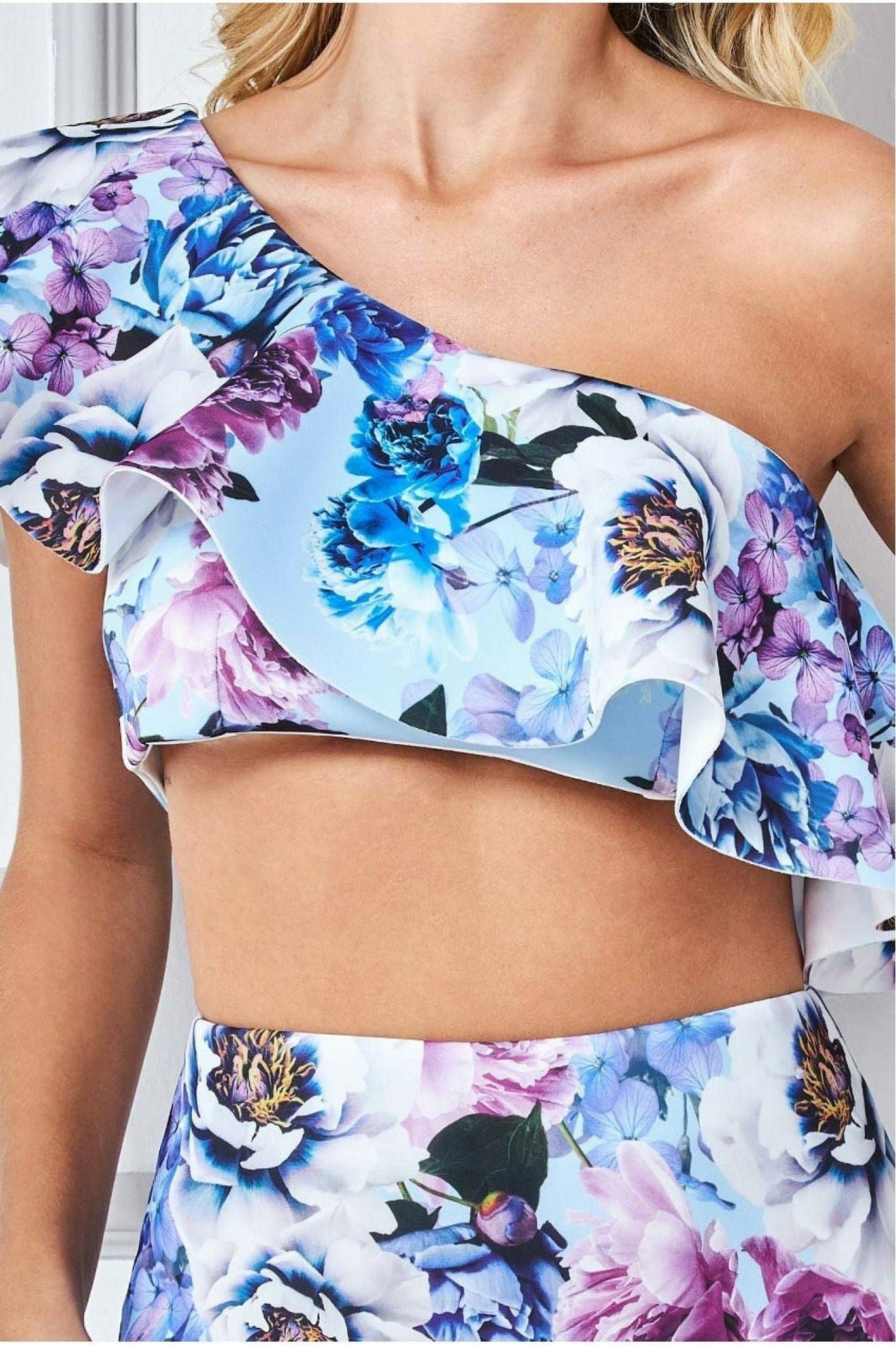 Goddiva One Shoulder Floral Crop Top – Light Blue