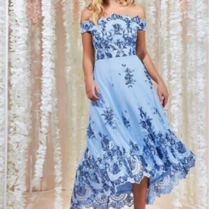 Goddiva Bardot Sequin & Lace High Low Midi - Powderblue
