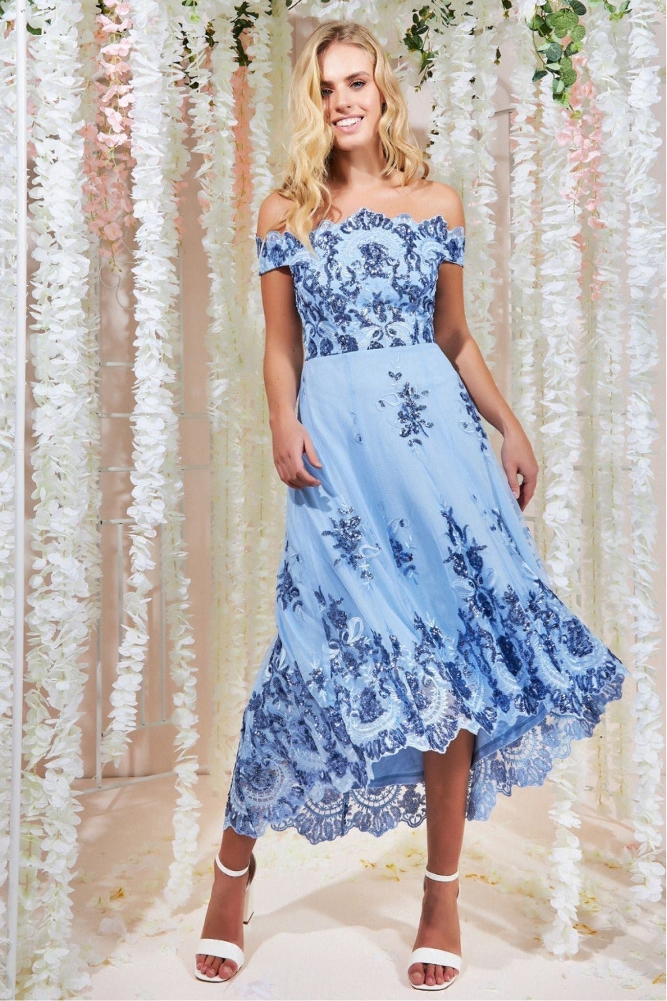 Goddiva Bardot Sequin & Lace High Low Midi – Powderblue