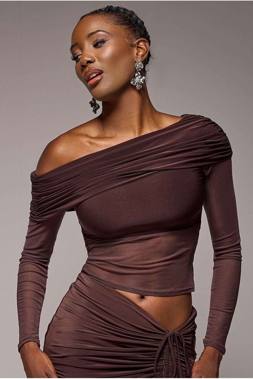 Goddiva Gathered Bardot Asymmetric Mesh Panel Top – Brown