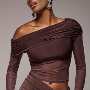 Goddiva Gathered Bardot Asymmetric Mesh Panel Top - Brown