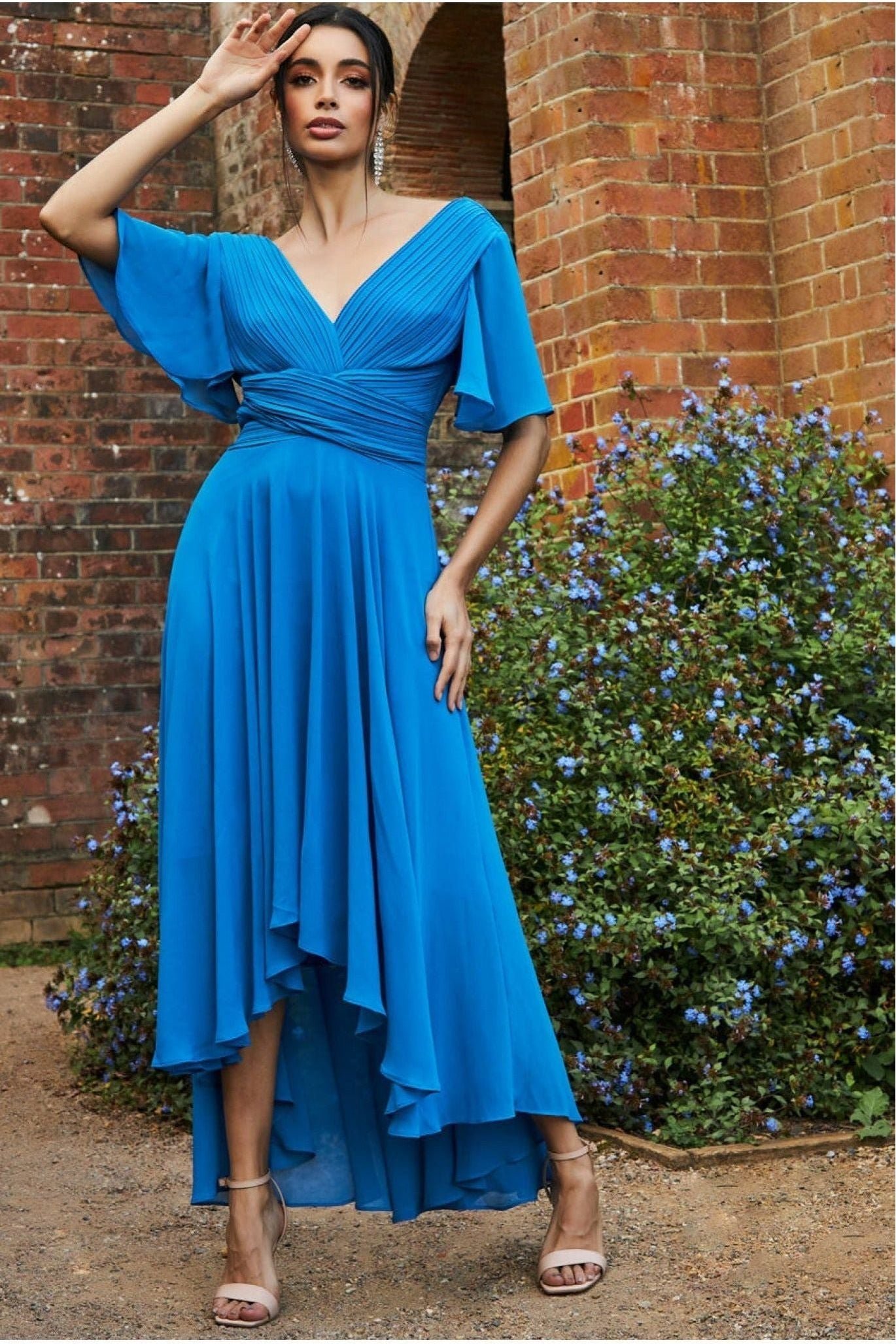 Goddiva Pleated Chiffon High Low Midi Dress – Atlantic Blue