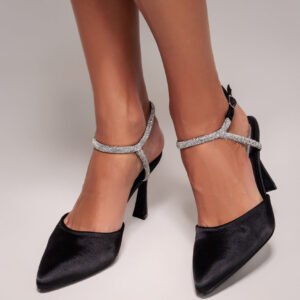 Goddiva Diamante Embellished Satin Slingback Court Heels - Black Satin