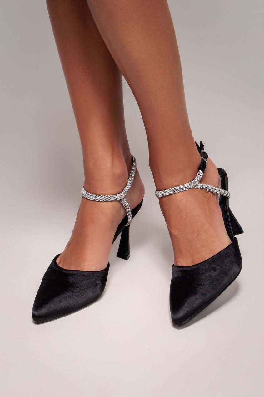 Goddiva Diamante Embellished Satin Slingback Court Heels – Black Satin