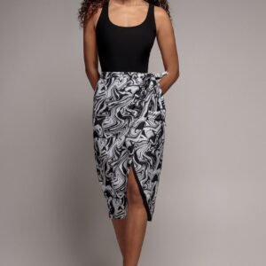 City Goddess Printed High Waist Wrap Midi Skirt - Black