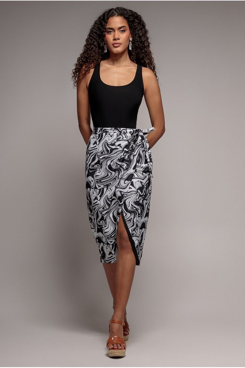 City Goddess Printed High Waist Wrap Midi Skirt – Black