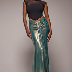 Goddiva Gathered Front Dipped Waist Foil Maxi Skirt - Gold