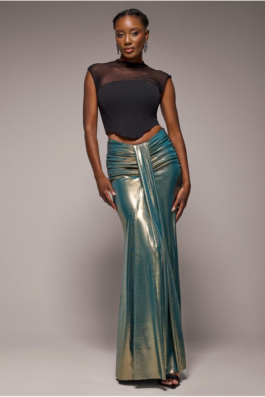 Goddiva Gathered Front Dipped Waist Foil Maxi Skirt – Gold