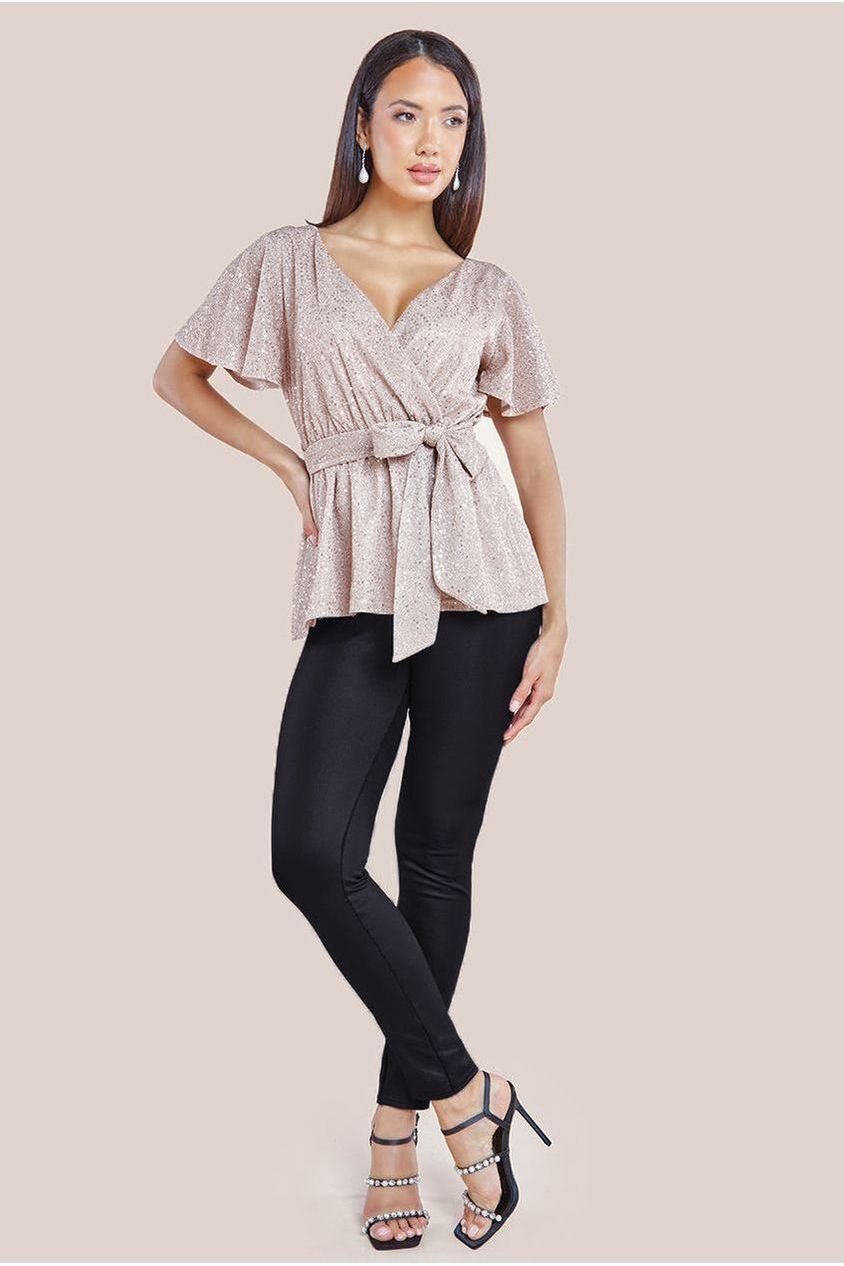 Goddiva Lurex Flutter Sleeve Wrap Top – Champagne