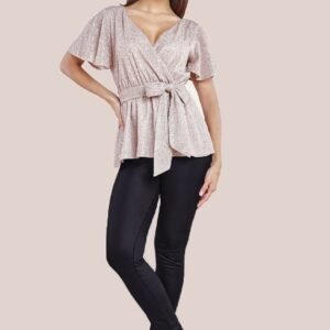 Goddiva Lurex Flutter Sleeve Wrap Top - Champagne