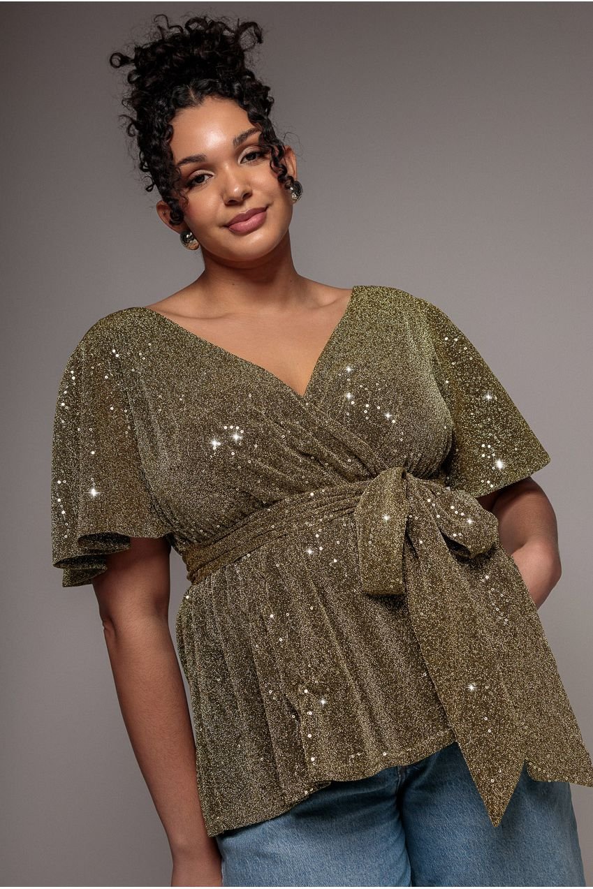 Goddiva Plus Lurex Flutter Sleeve Wrap Top – Gold