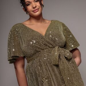 Goddiva Plus Lurex Flutter Sleeve Wrap Top - Gold