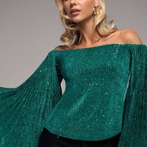 Goddiva Sequin Lurex Bardot Pleated Sleeve Top - Teal Blue