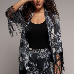 Goddiva Foil Print Kimono With Tassels - Black
