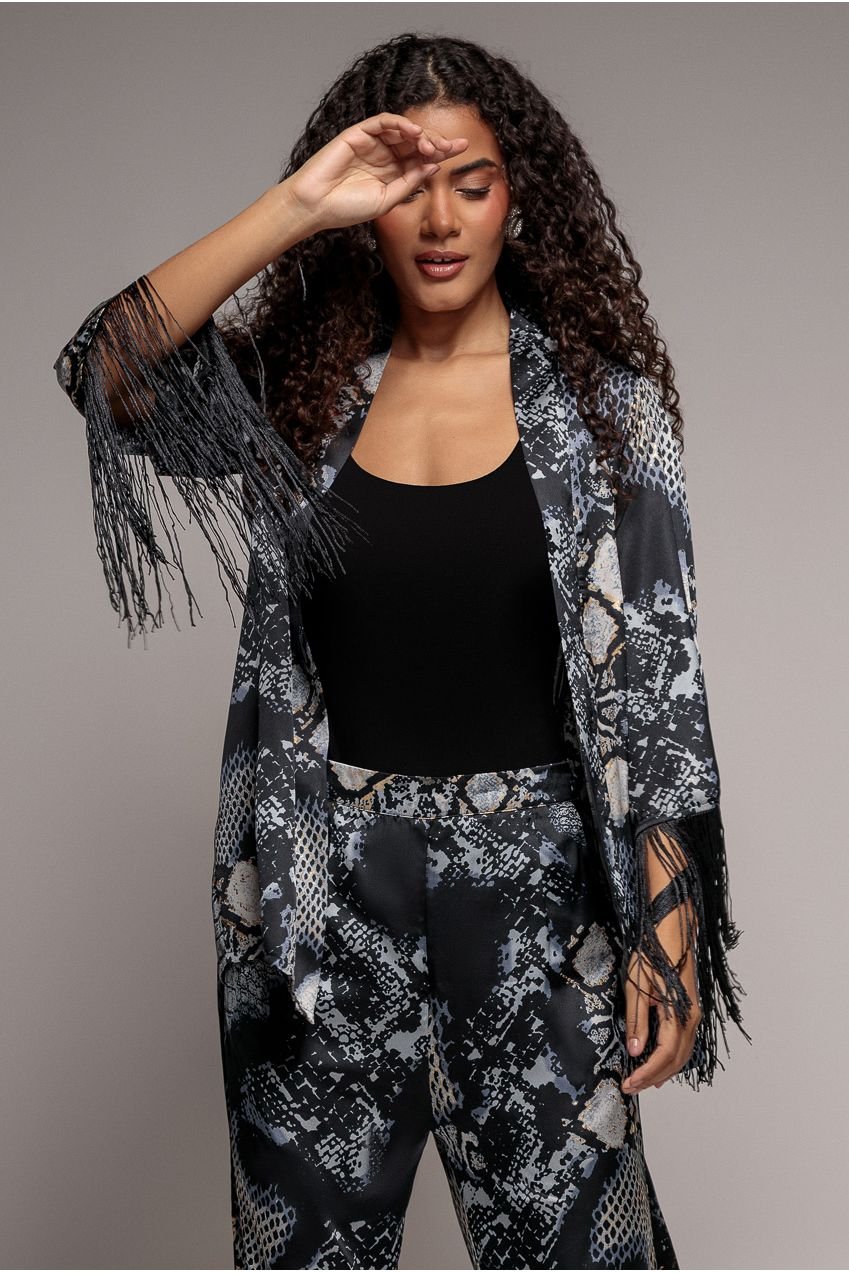 Goddiva Foil Print Kimono With Tassels – Black