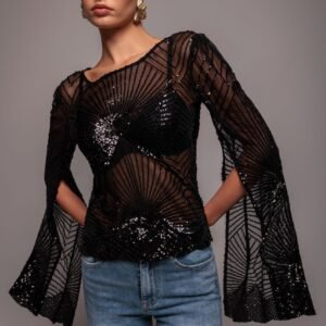 Goddiva Sequin Starburst Cape Sleeve Top - Black