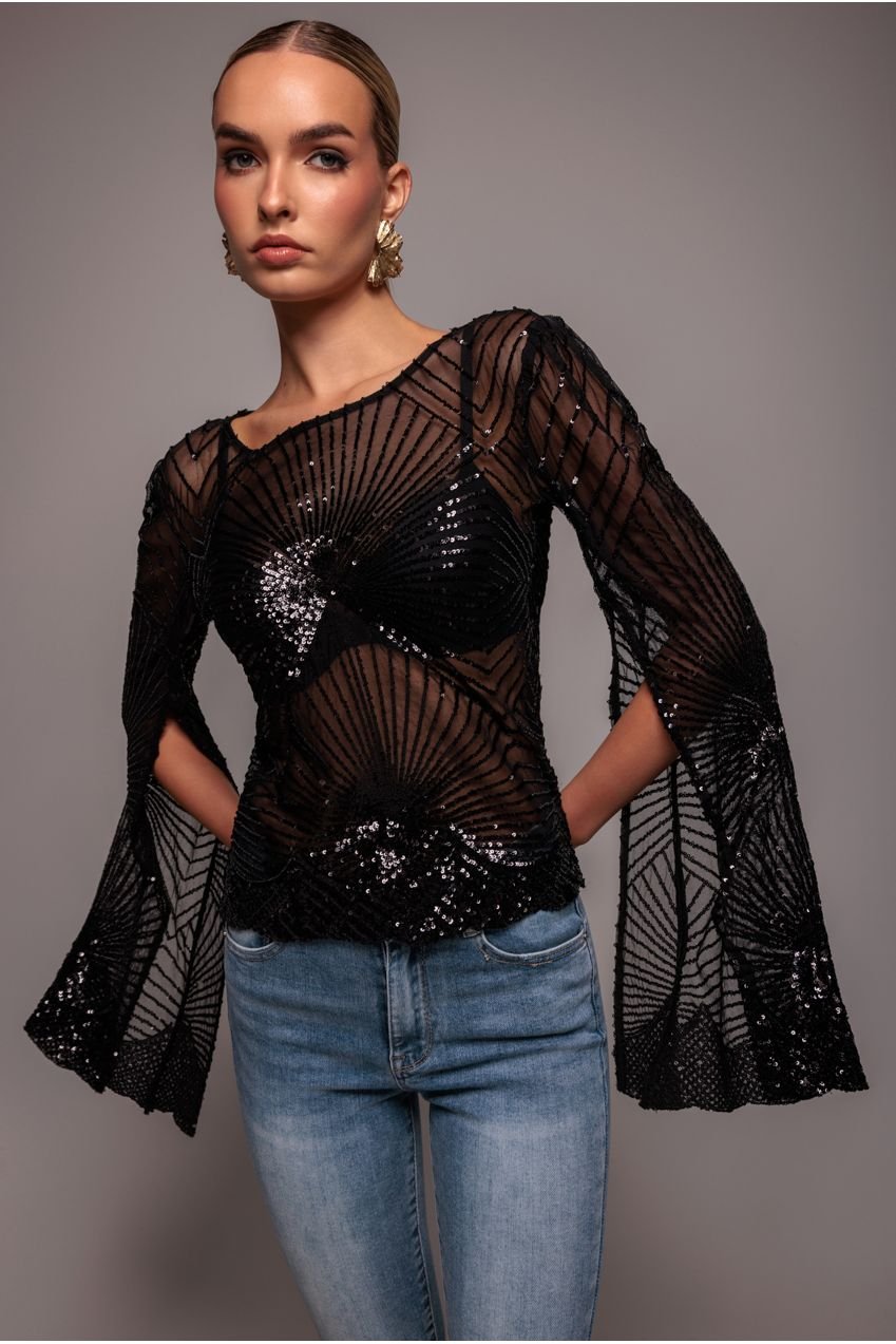 Goddiva Sequin Starburst Cape Sleeve Top – Black