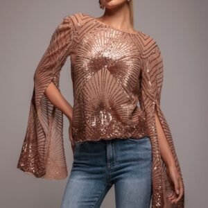 Goddiva Sequin Starburst Cape Sleeve Top - Champagne