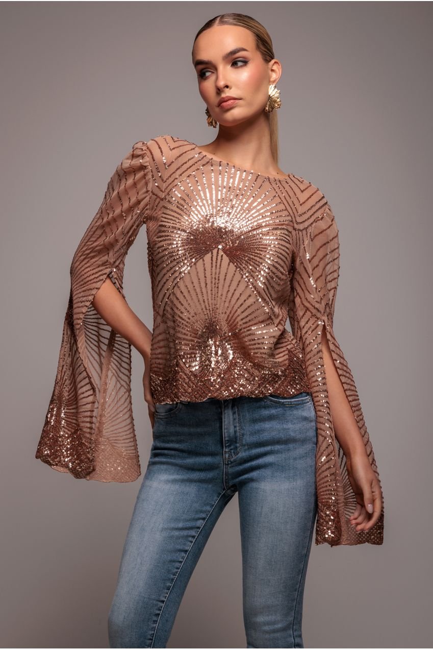 Goddiva Sequin Starburst Cape Sleeve Top – Champagne
