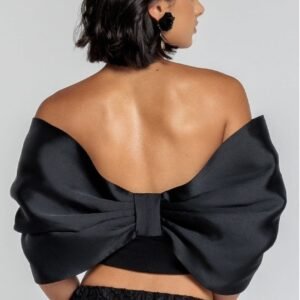 Goddiva Off Shoulder Back Satin Bow Scuba Corset - Black
