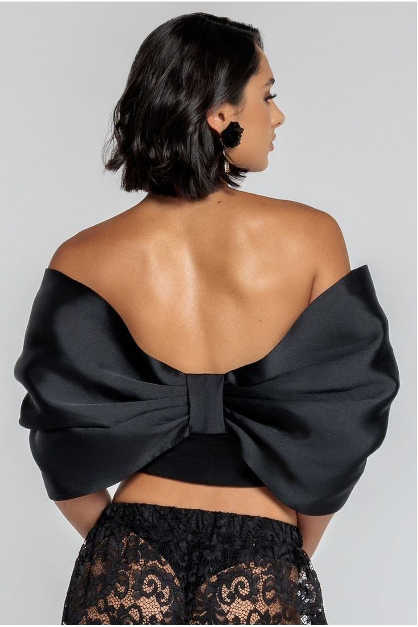 Goddiva Off Shoulder Back Satin Bow Scuba Corset – Black