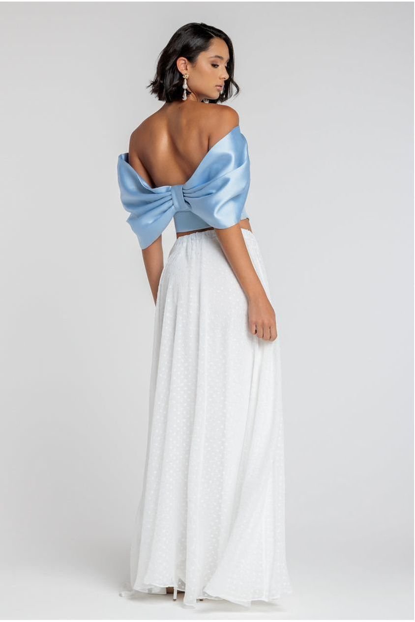Goddiva Off Shoulder Back Satin Bow Scuba Corset – Light Blue