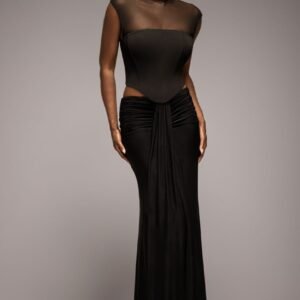 Goddiva Gathered Front Dipped Waist Maxi Skirt - Black