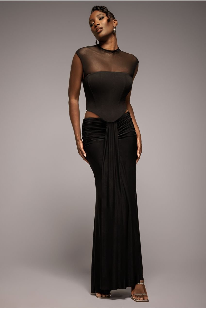 Goddiva Gathered Front Dipped Waist Maxi Skirt – Black