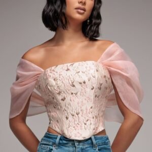 Goddiva Off Shoulder Jacquard Top With Organza Wings - Blush Pink