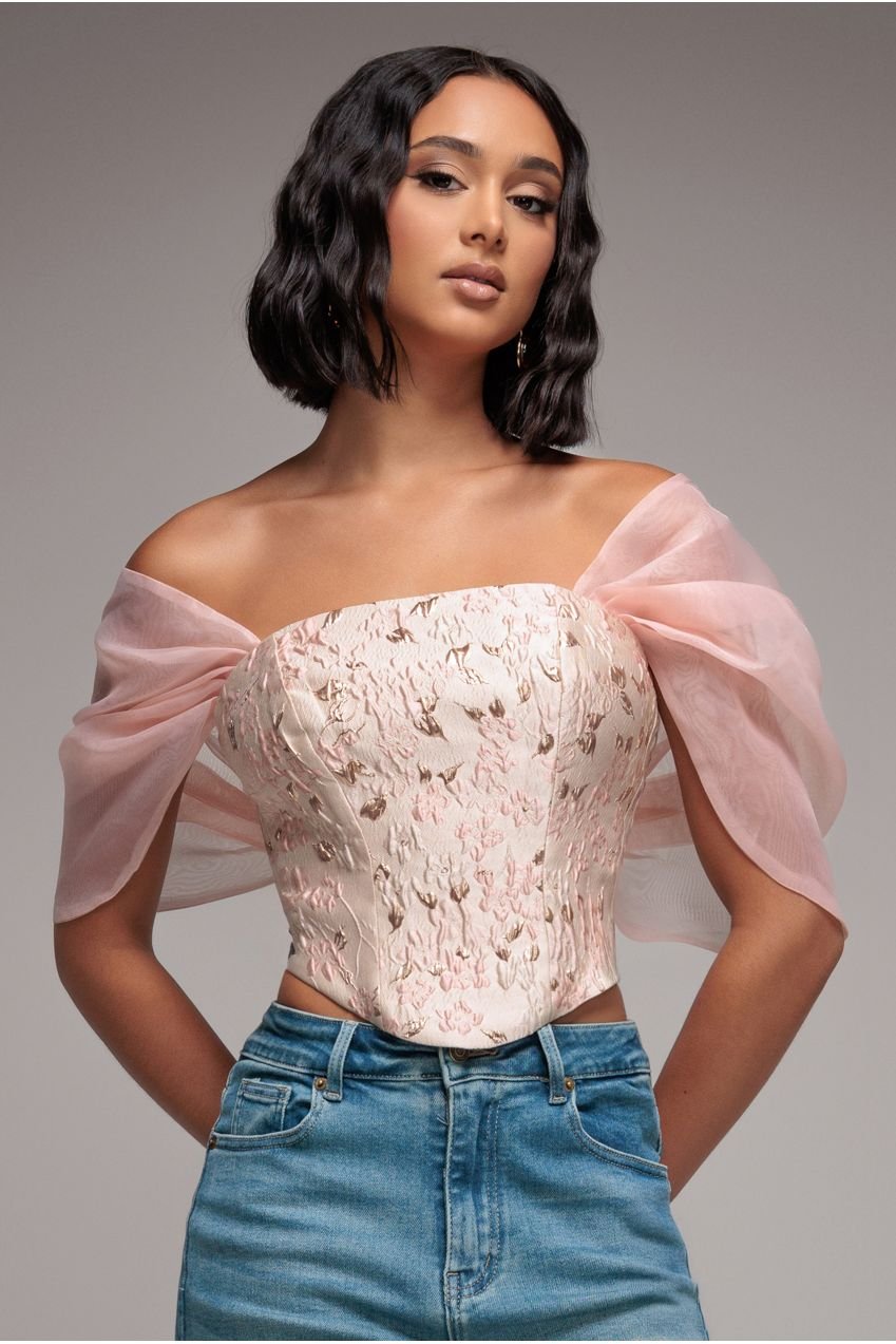 Goddiva Off Shoulder Jacquard Top With Organza Wings – Blush Pink