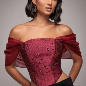 Goddiva Off Shoulder Jacquard Top With Organza Wings - Burgundy Red