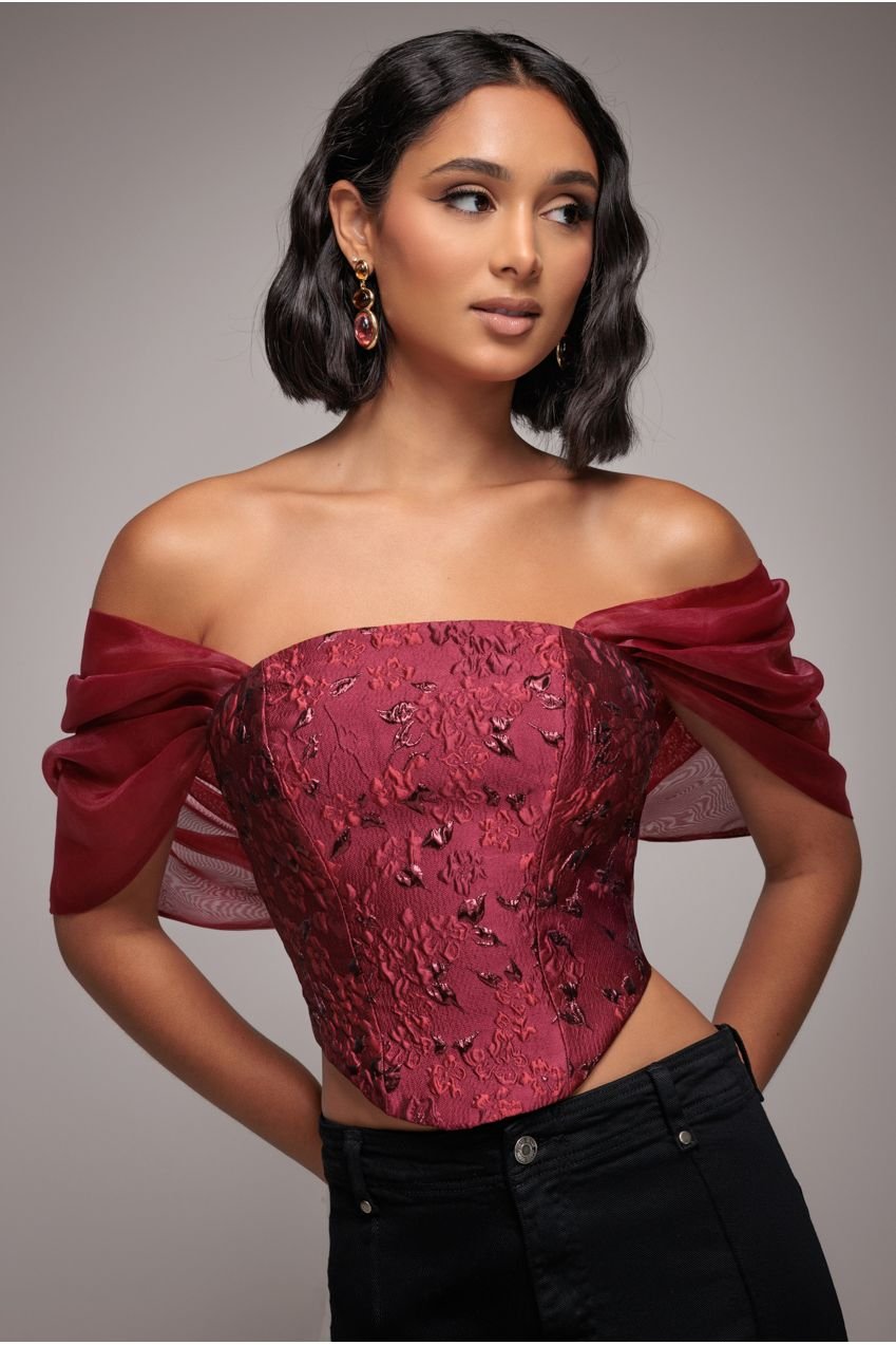 Goddiva Off Shoulder Jacquard Top With Organza Wings – Burgundy Red