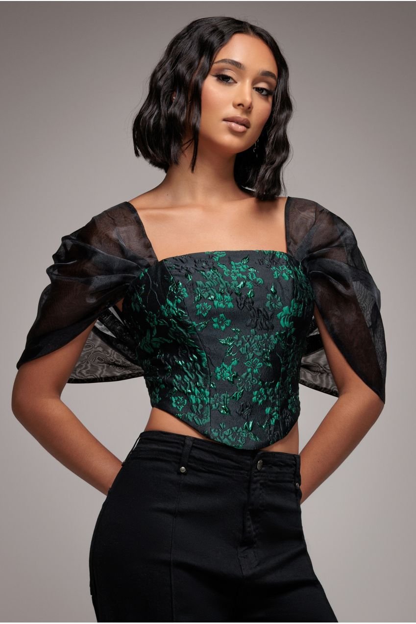 Goddiva Off Shoulder Jacquard Top With Organza Wings – Emerald Black