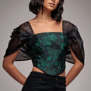 Goddiva Off Shoulder Jacquard Top With Organza Wings - Emerald Black