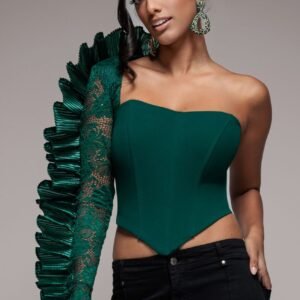 Goddiva One Shoulder Fan Pleat Frill Corset Top - Emerald Green