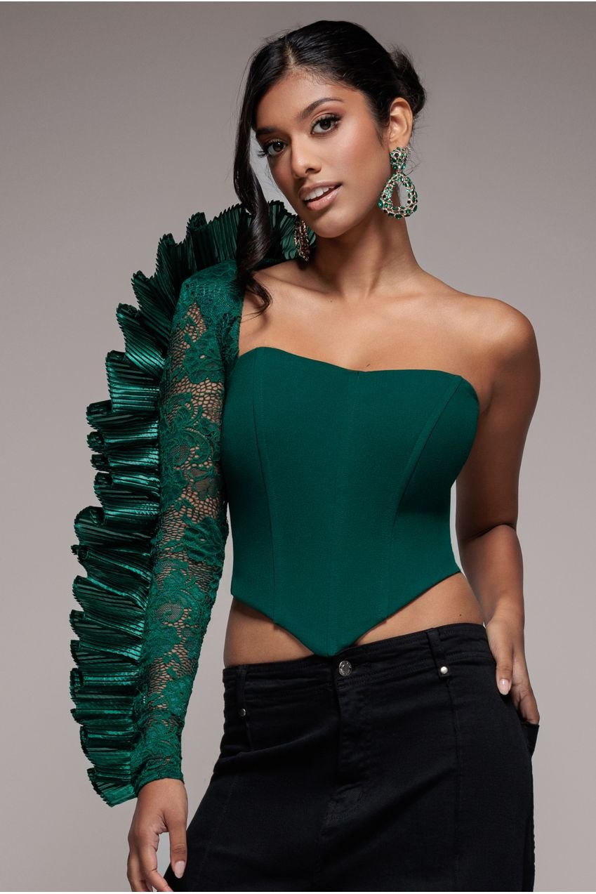 Goddiva One Shoulder Fan Pleat Frill Corset Top – Emerald Green