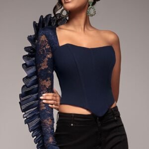 Goddiva One Shoulder Fan Pleat Frill Corset Top - Navy Blue