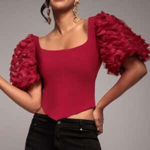 Goddiva 3D Textured Sleeve Scuba Corset Top - Burgundy