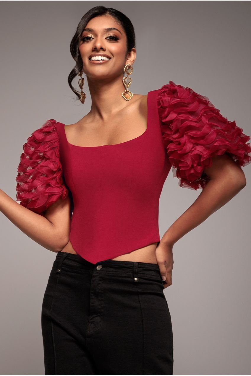 Goddiva 3D Textured Sleeve Scuba Corset Top – Burgundy