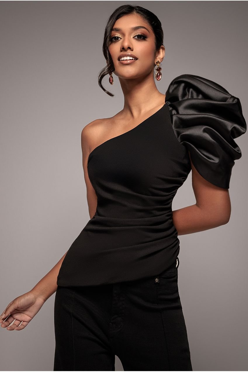 Goddiva One Shoulder Puffed Satin Sleeve Asymmetric Scuba Top – Black
