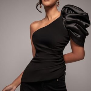Goddiva One Shoulder Puffed Satin Sleeve Asymmetric Scuba Top - Black
